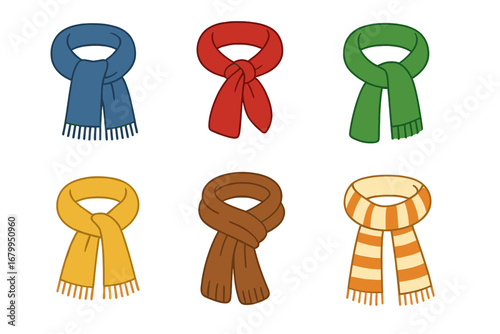 A collection of scarves for boys and girls suitable for cold weather, featuring stylish designs against a white backdrop, ideal for winter and autumn, available in blue, red, green, yellow, brown