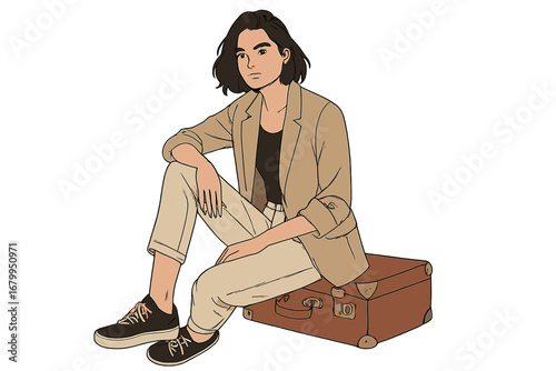 A young, fashionable woman in a linen jacket sits on a vintage suitcase, gazing at the camera against a plain grey backdrop
