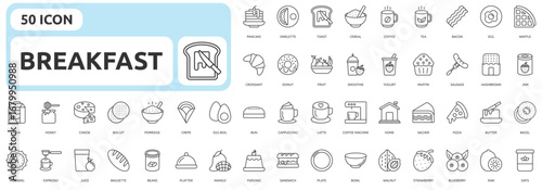 Breakfast icon set outline style with pancake, omelette, toast, cereal, coffee, tea, bacon, egg, waffle, bagel, croissant, donut, fruit, smoothie, yogurt icons