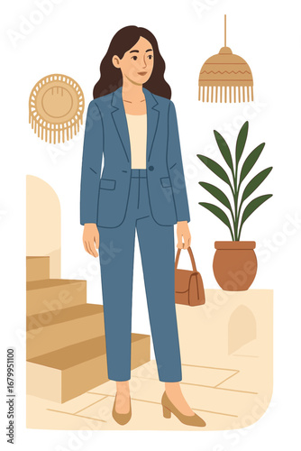 A beautiful brunette woman with natural makeup wears fashionable, casual office-style clothing—a blue jacket and pants—suiting a romantic date or business meeting, accessorized with a bag, inside a