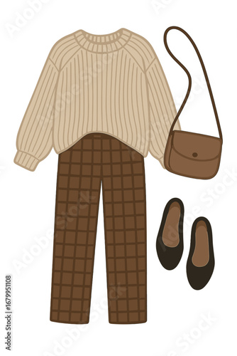 A top‑down flat lay of a woman’s casual day outfit featuring checkered brown pants, a beige oversized knitted sweater, a cross‑body bag, and black loafers or flats against a grey backdrop