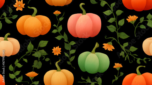 Seamless pattern with autumn pumpkins, leaves and flowers on black background