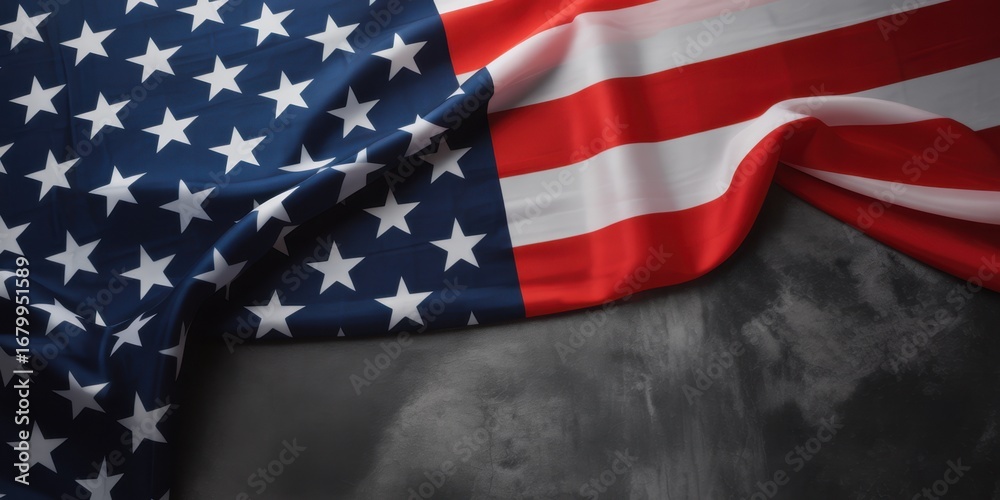 Fototapeta premium Close up of the american flag with stars and stripes on a dark background, perfect for patriotic holidays and events