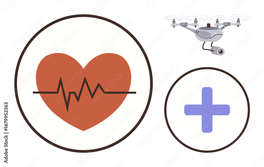 Obraz premium Heart with ECG line, Quadcopter with medical tools, and first aid cross reflect healthcare innovation. Ideal for remote medicine, emergency aid, telehealth, logistics, robotics, healthcare delivery