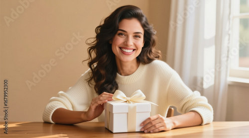 A smiling woman with long brown hair wears a white sweater and holds a gift box tied with a ribbon.