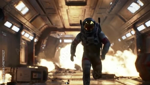 running Astronaut escaping fire in spaceship like in sci-fi movie, a spaceman runs inside spacecraft or space station during crash. Concept of disaster, technology, accident. Generative A