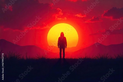 Mysterious silhouette of a lone figure standing against a vibrant sunset, casting a long shadow Perfect for concepts of solitude, mystery, and the passage of time , enigmatic, contemplation