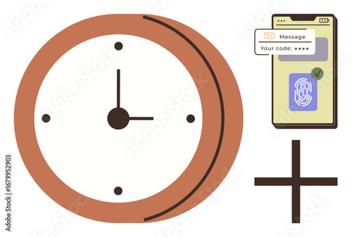 Wall clock symbolizing time, smartphone with fingerprint verification and code. Ideal for security, time tracking, efficiency, multitasking, data protection, smart technology, and productivity
