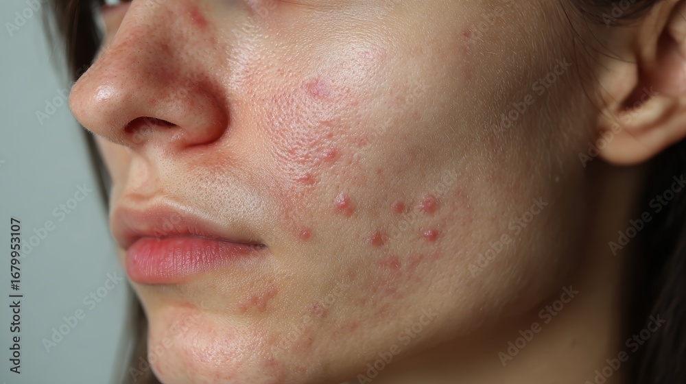 Fototapeta premium acne on woman face with rash skin, scar, and red skin syndrome allergic to cosmetics, use steroids, dermatology, inflammation, infection, hygiene