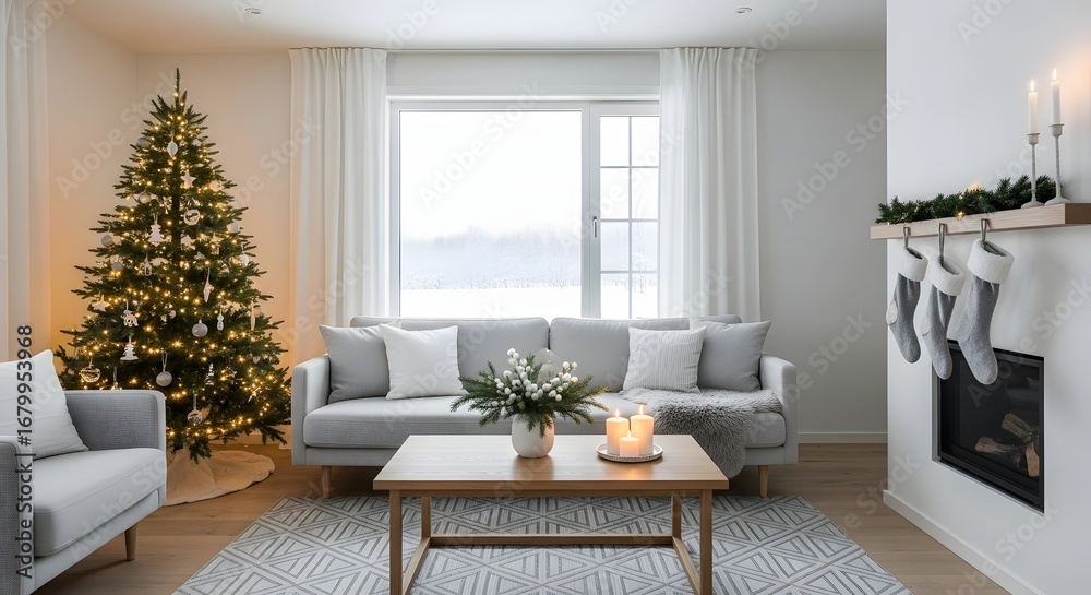 Fototapeta premium Cozy Scandinavian Living Room Decorated for Christmas Holidays