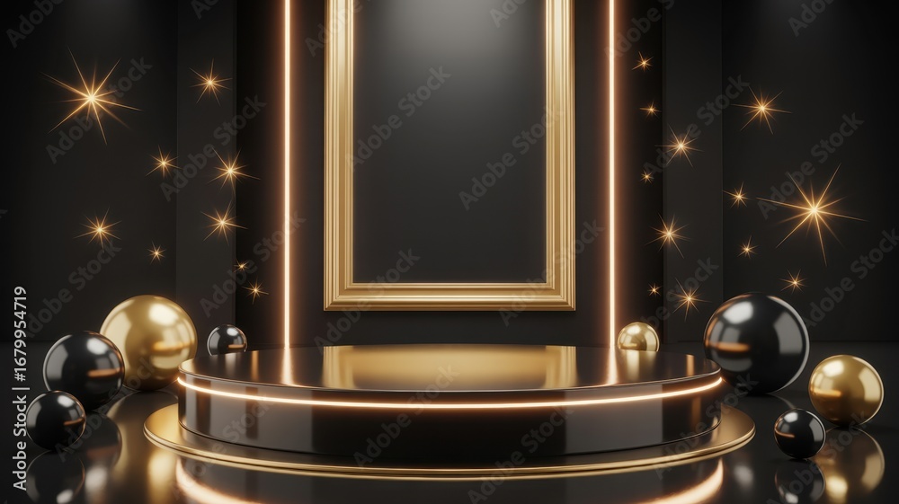 Fototapeta premium Elegant black and gold podium with sparkling stars and a frame, perfect for showcasing products or presentations with a touch of luxury