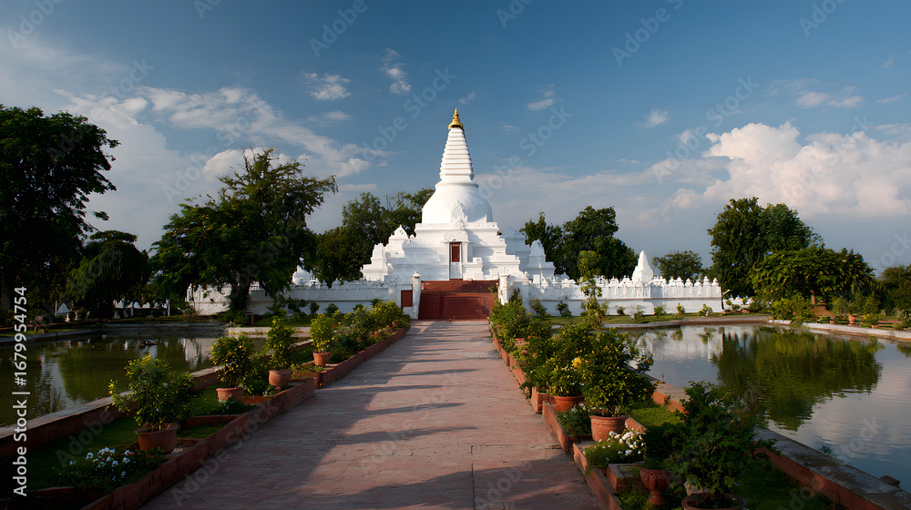 Fototapeta premium A serene white Buddhist stupa with a long walkway, surrounded by a reflective pond and lush gardens under a blue sky.