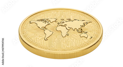 Gold coin with world map engraving isolated on transparent background isolated background