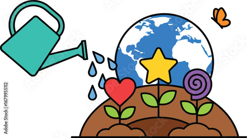Watering the Earth, nurturing growth and global well-being, with flowers and a watering can.