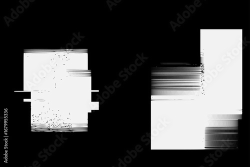 Retro monochrome bitmap glitch backgrounds with dithering effect, abstract 1-bit pixel art VHS distortion texture. Damaged analog video frame, distorted TV screen bitmap overlay vector background set