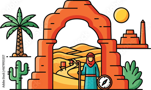 A traveler in traditional attire stands before a stone archway overlooking a vast desert landscape with pyramids and palm trees.