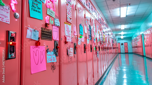 Pink School Hallway Lockers Decorated with Notes and Decorations