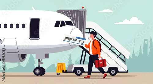 A man walks towards an airplane, boarding pass in hand, ready for a journey filled with anticipation and excitement.