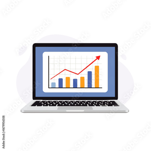 Laptop screen displays an upward trending bar graph, showcasing business growth and positive financial progress.