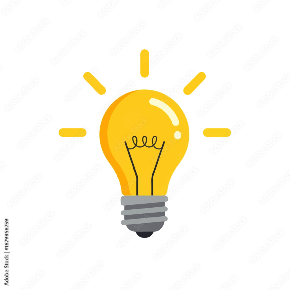 Fototapeta premium A bright yellow lightbulb glows brightly, radiating inspiration and illuminating a brilliant idea against a clean white background.