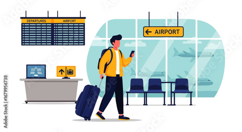 A young man with a backpack and wheeled suitcase walks through a bright airport terminal, checking his smartphone.