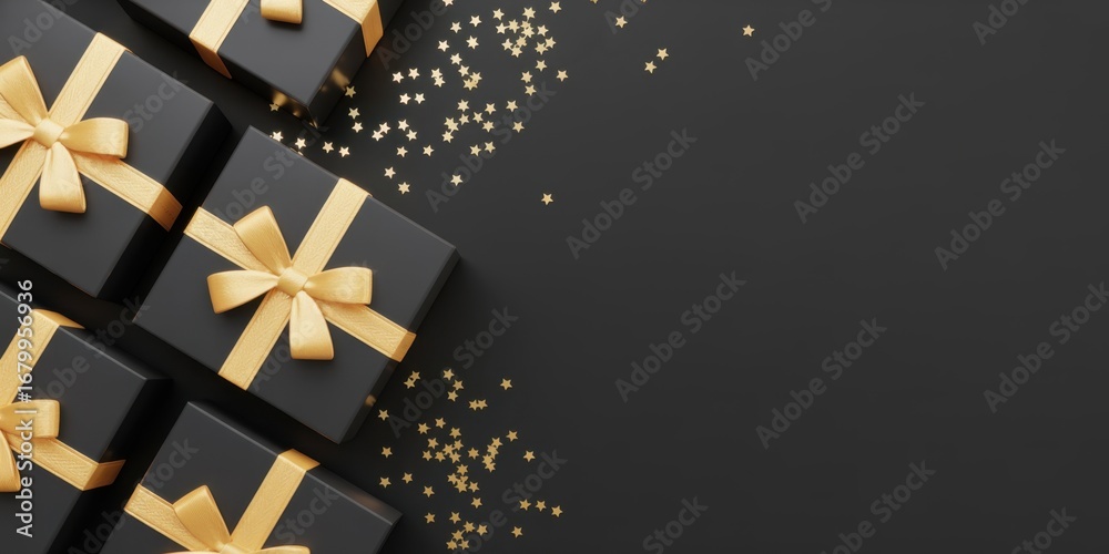 Fototapeta premium Elegant black gift boxes with golden ribbons and confetti on a dark background, perfect for christmas, birthdays, and special occasions