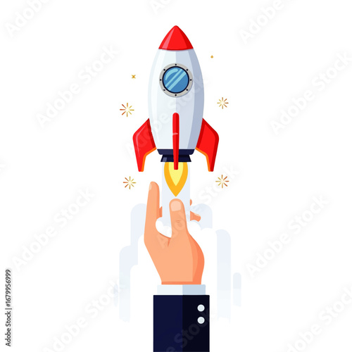 A businessman's hand launches a small rocket, symbolizing a new business venture's ambitious takeoff against a white background.