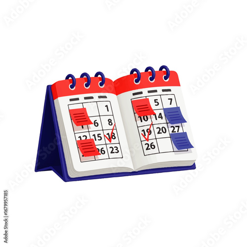 A vibrant red and blue desk calendar displays scheduled appointments marked with red and blue sticky notes, showcasing effective time management.