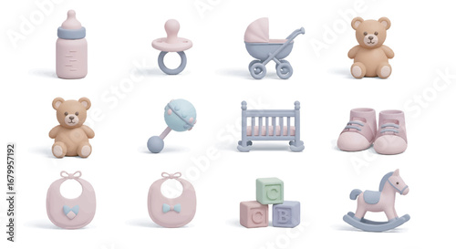 Pastel baby toys arranged neatly on white surface representing childhood innocence and gentle care for newborns and infants.