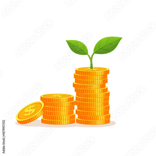 A vibrant green sprout emerges from a stack of golden coins, symbolizing growth, investment, and financial prosperity.