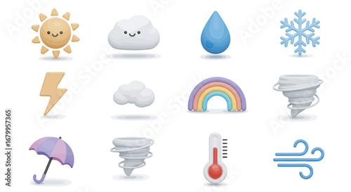 Weather symbols depicting sun, cloud, rain, snow, lightning, rainbow, tornado, umbrella, thermometer, and wind on a white surface, conveying a playful and informative theme.