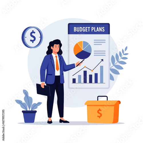 A confident businesswoman presents budget plans and financial growth charts, showcasing positive financial projections in a modern office setting.