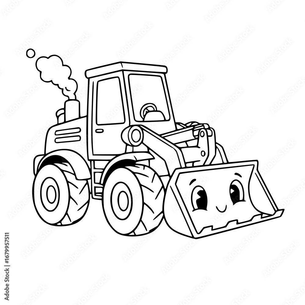 Naklejka premium tractor isolated on white Smiley Front Loader: Cartoon Construction Vehicle for Kids