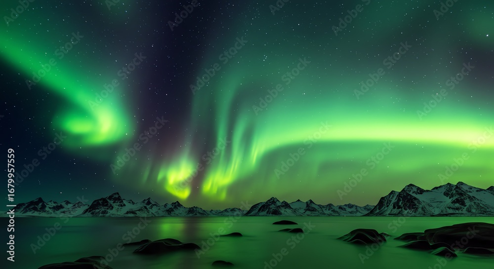 Naklejka premium Aurora borealis over snowy mountains and water