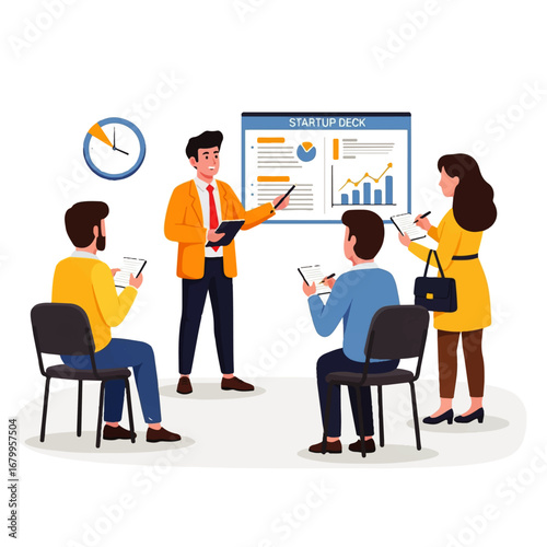 A confident businessman enthusiastically presents a startup deck to attentive colleagues during a productive team meeting.