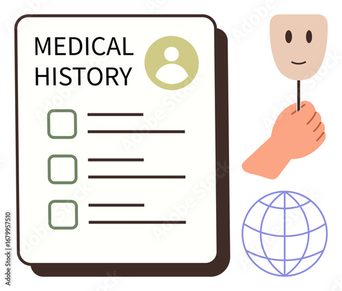 Medical history form with checkboxes, hand holding smiling mask symbolizing anonymity, outlined globe. Ideal for healthcare, global health, data privacy, mental health, patient information