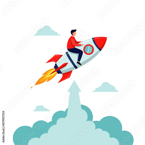 A businessman confidently rides a rocket soaring through the clouds, symbolizing ambitious growth and successful innovation.