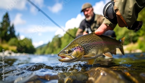 A vibrant rainbow trout is caught in a rushing river, held by a fisherman's hand against a backdrop of lush greenery.