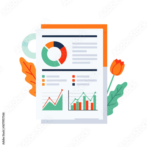 A business report with colorful charts and graphs sits adorned with autumn leaves and a vibrant tulip, conveying growth and success.