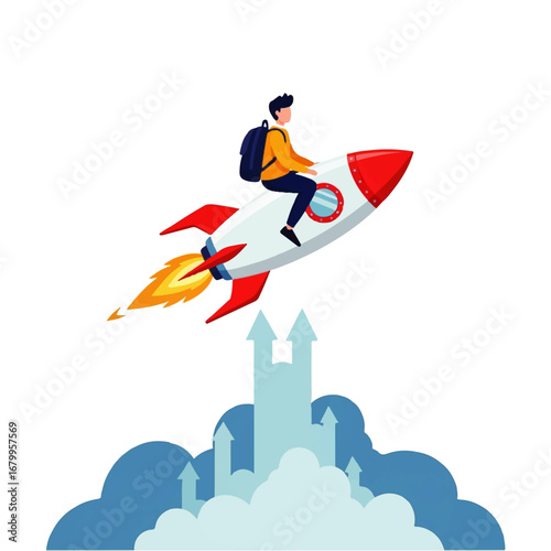 A young man confidently rides a rocket soaring upwards, leaving a cloud of upward arrows behind, symbolizing ambition and rapid growth.