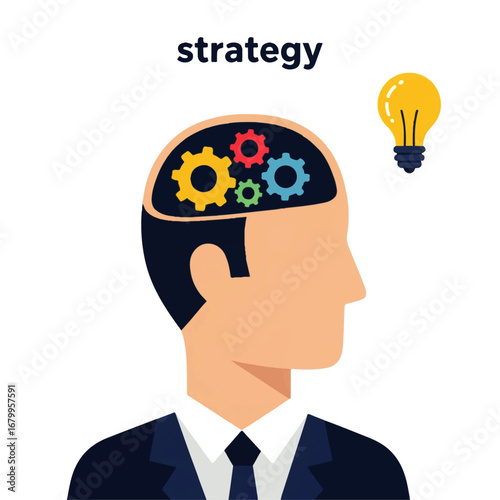 A businessman's profile reveals colorful gears turning within his mind, symbolizing strategic thinking and innovative ideas.