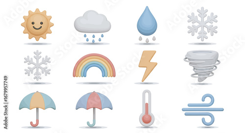Weather symbols representing various atmospheric conditions such as sunshine, rain, snow, and wind, arranged against a clean white backdrop, creating a cheerful and informative visual.