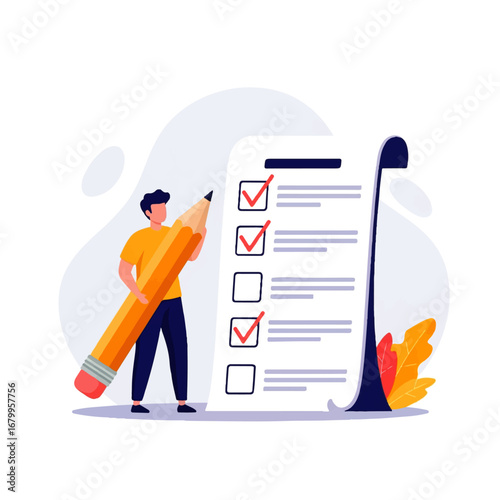 A man confidently holds a giant pencil, completing a checklist, symbolizing task accomplishment and positive progress.