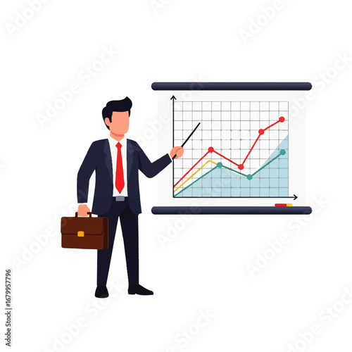 Confident businessman presents upward trending graph during a business meeting, conveying growth and success.