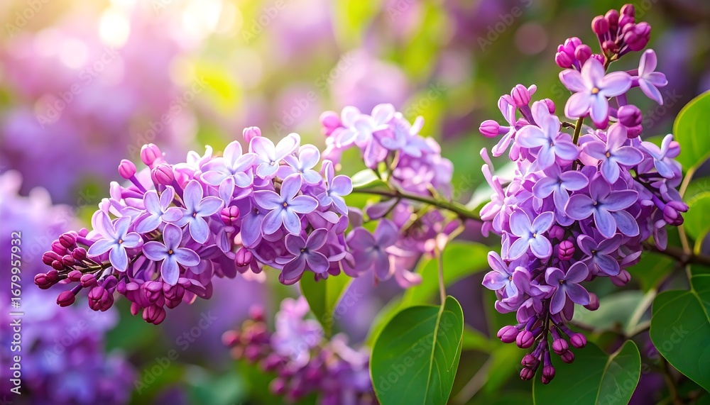 Obraz premium A vibrant display of lilac blossoms in a lush garden setting, bathed in soft sunlight.
