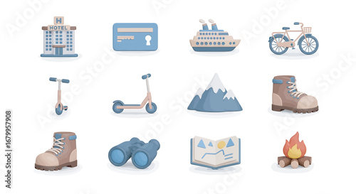Travel icons representing different modes of transportation and destinations arranged on a white surface, evoking a sense of adventure and exploration.