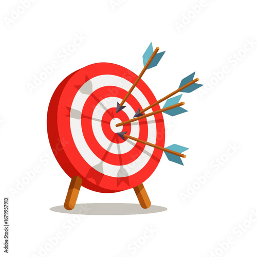 Multiple arrows striking the bullseye of a red and white target, symbolizing achievement and success.