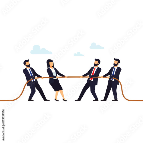 A determined businesswoman pulls against two powerful businessmen in a tense tug-of-war, symbolizing business competition.