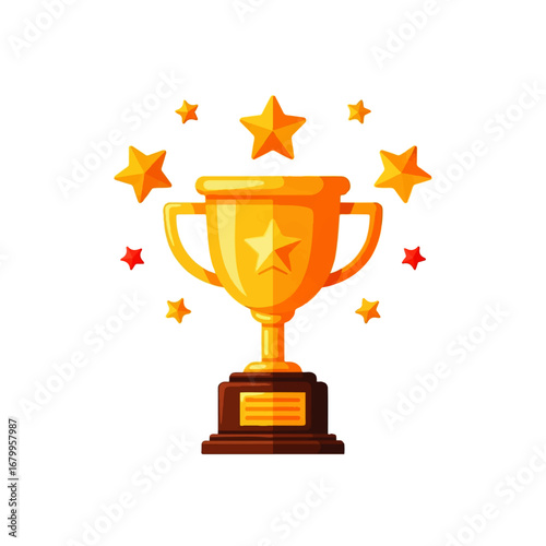 A golden trophy gleams, surrounded by celebratory stars, signifying achievement and success.