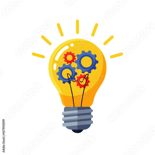 A bright yellow lightbulb, filled with interlocking red and blue gears, radiates innovation and problem-solving.
